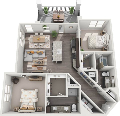 Floor plan for 2 beds, 2 baths, 1243 sqft